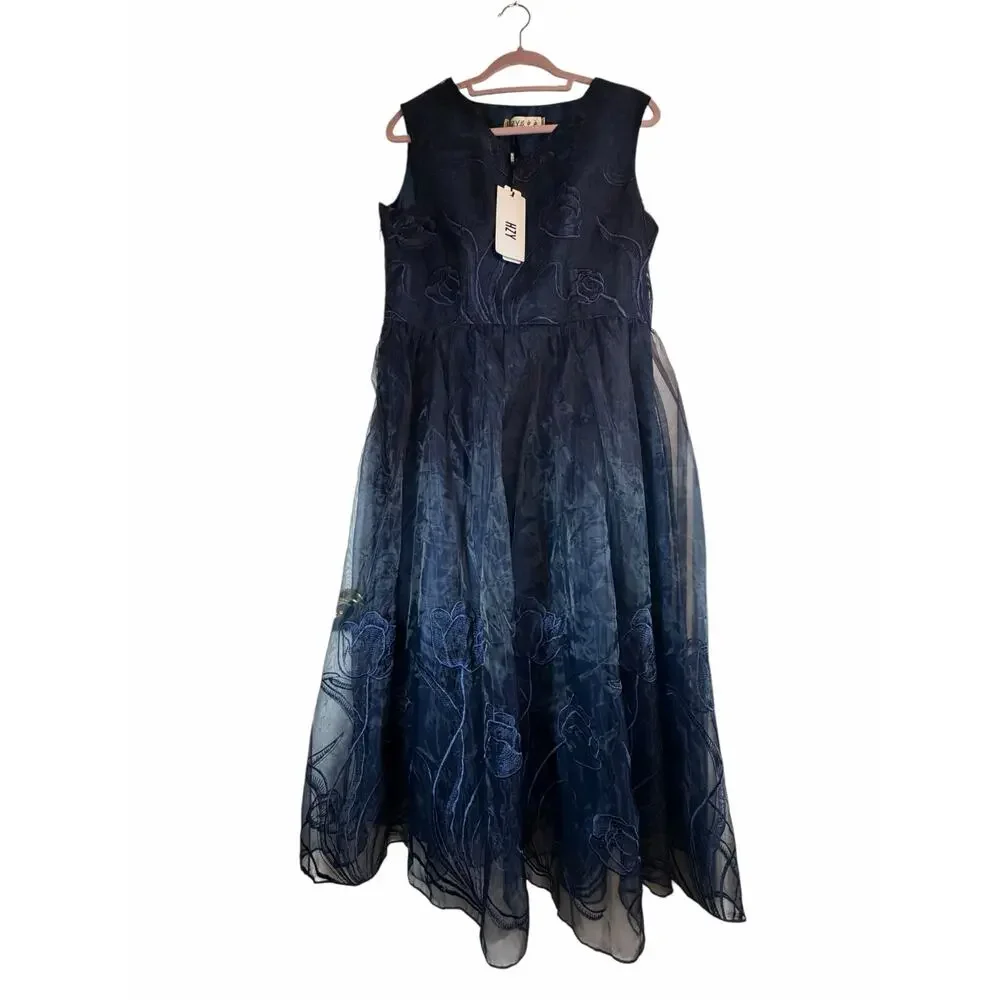 STYLEWE HZY Navy Blue Organza with Emroidered Floral Detail Dress
